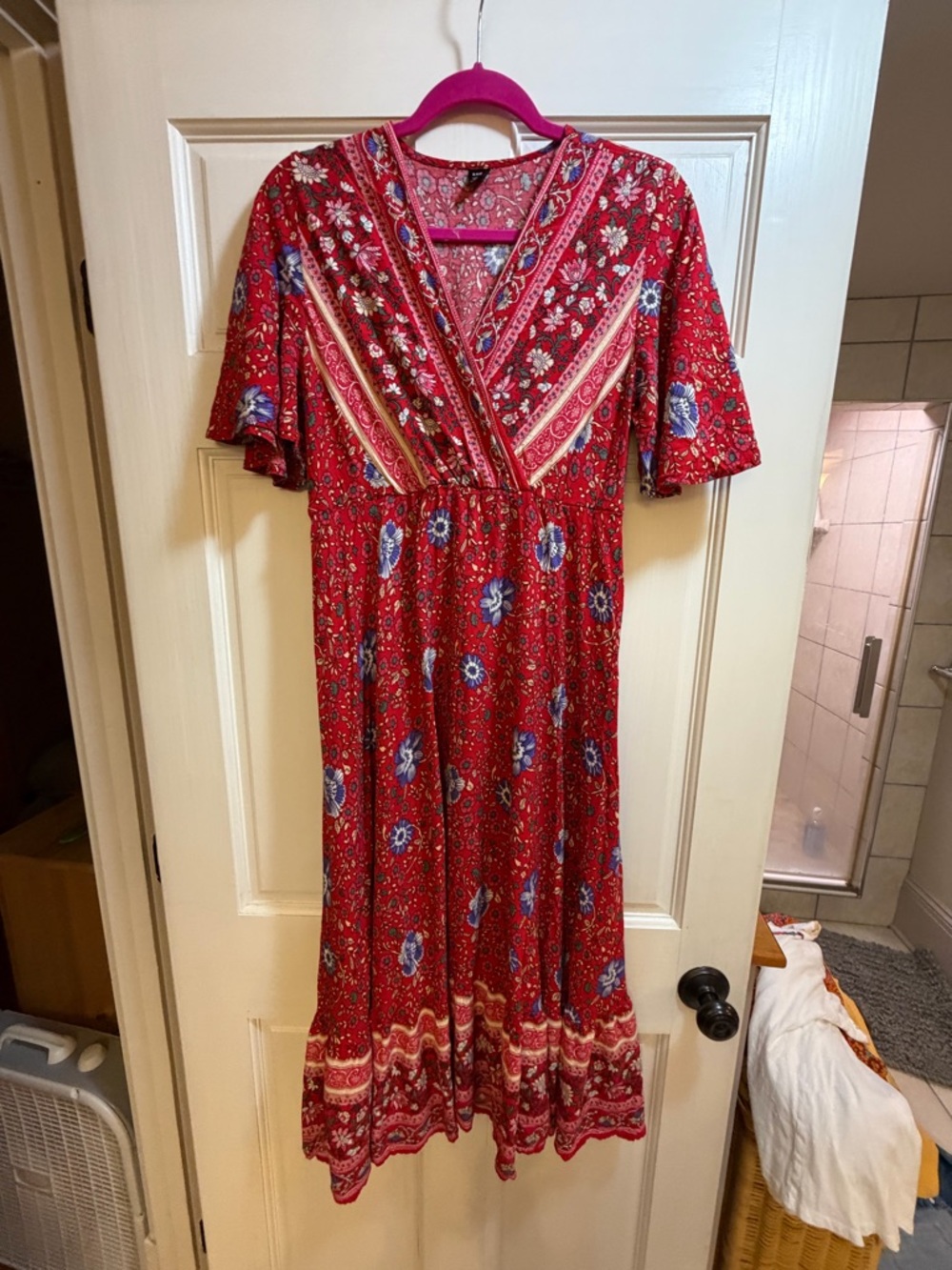 SHEIN Red Floral Maxi Dress with Border Print